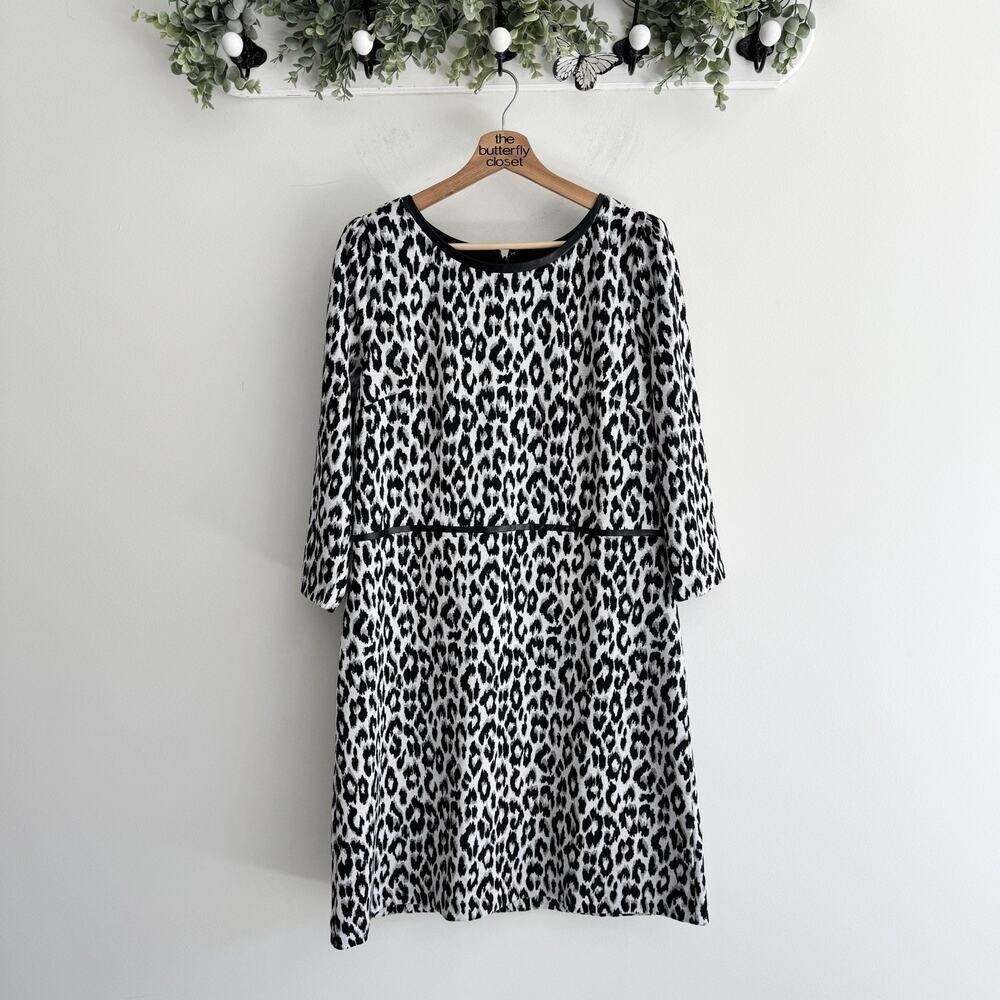 New Talbots Black Leopard Sheath Dress Half Sleeve 14P #VW